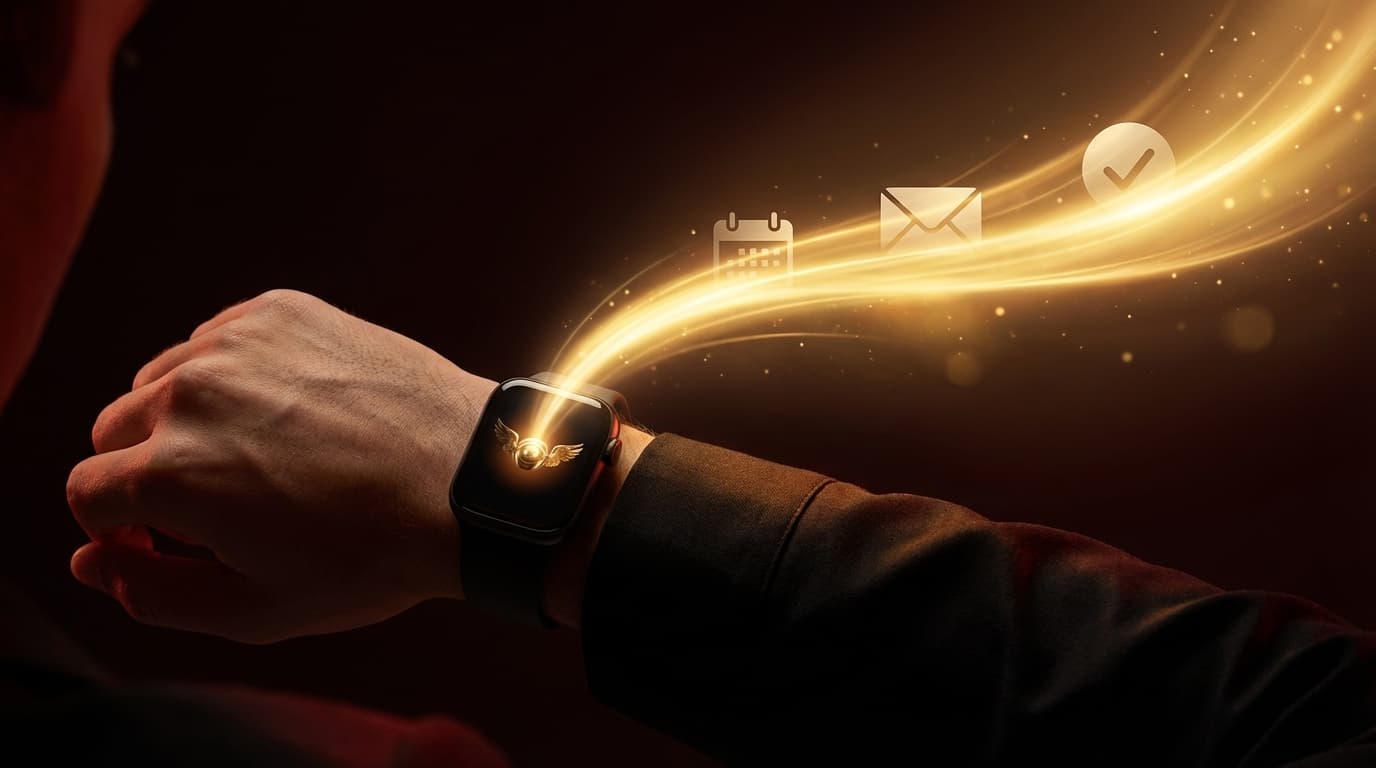 Golden light trail flowing from an Apple Watch with calendar, email, and checkmark icons