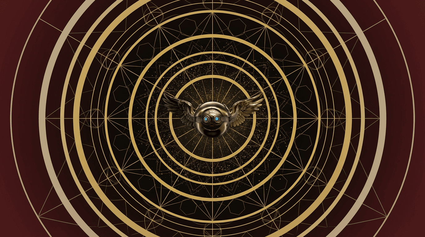 Demi AI gold orb mascot centered within a sacred geometry mandala of concentric golden circles on a deep crimson background