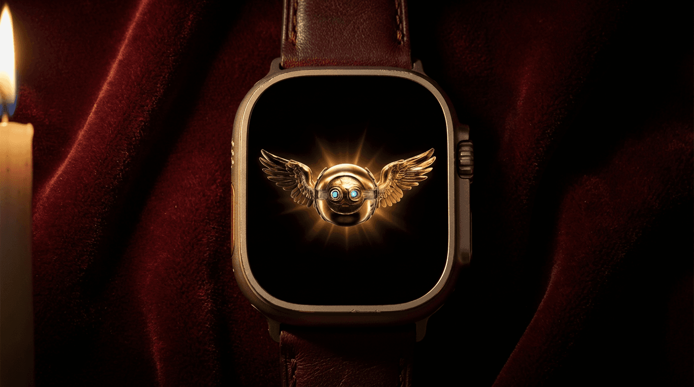 Apple Watch displaying the glowing Demi gold orb mascot on a dark velvet background with candlelight